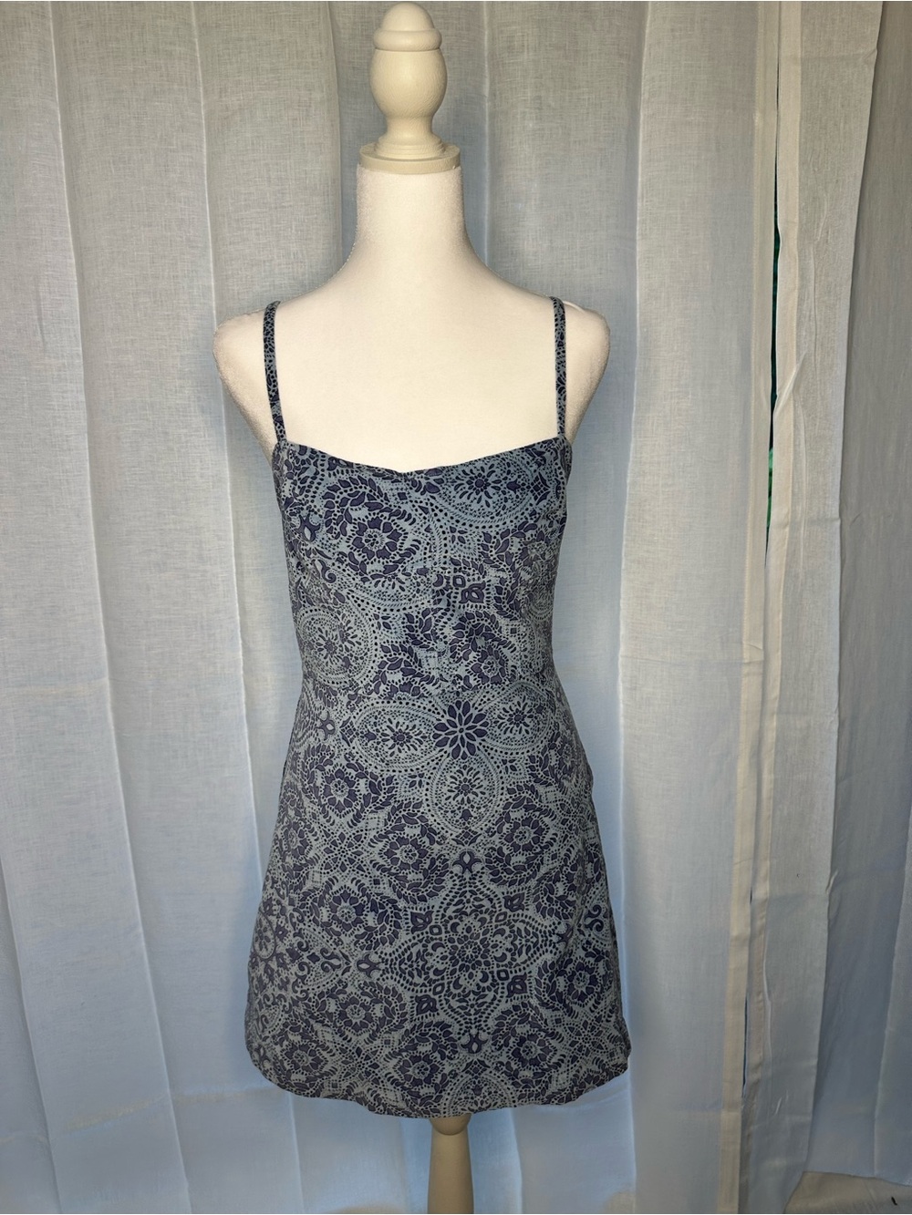 Urban Outfitters Velvet Navy Patterned Spaghetti-Strap Dress